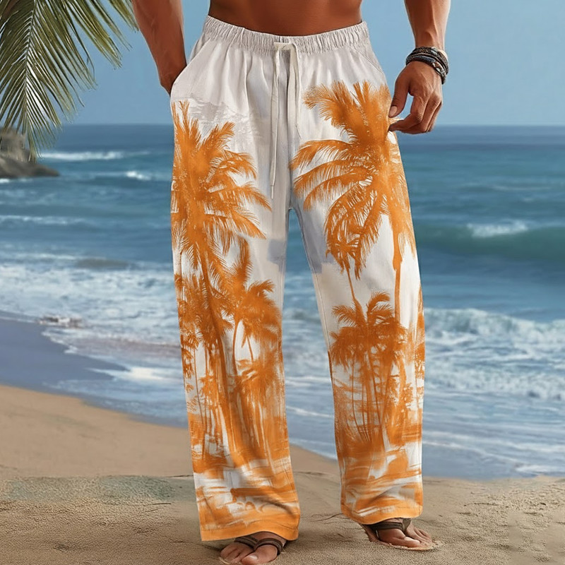 Men's Coconut Tree Palm Tree Tropical Plants Trousers Baggy Pants Casual Pants Mid Waist Hawaiian Outdoor Vacation Beach Wear Elastic Drawstring Waist Linen-Like Pants with Pockets Summer Spring 3D