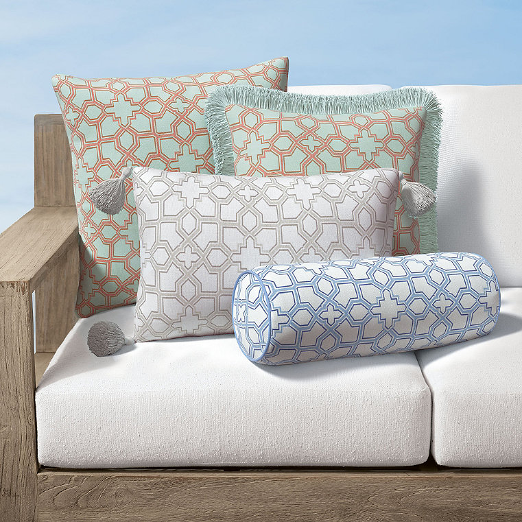 Avian Trellis Indoor/Outdoor Pillow - Sunrise, 13" x 20" Lumbar, 13" x 20" Lumbar Sea Fringe - Frontgate