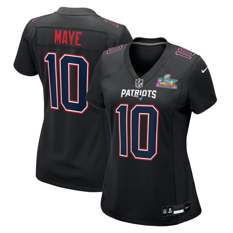 Nike Damen-Trikot mit Drake Maye-Logo, schwarz, New England Patriots, Super Bowl LX Patch Carbon Fashion Image