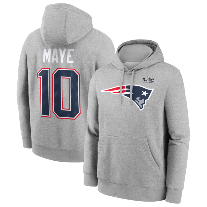 Nike Herren-Hoodie „Drake Maye“ in Heather Gray mit New England Patriots Super Bowl LX-Aufnäher, Name und Nummer Image