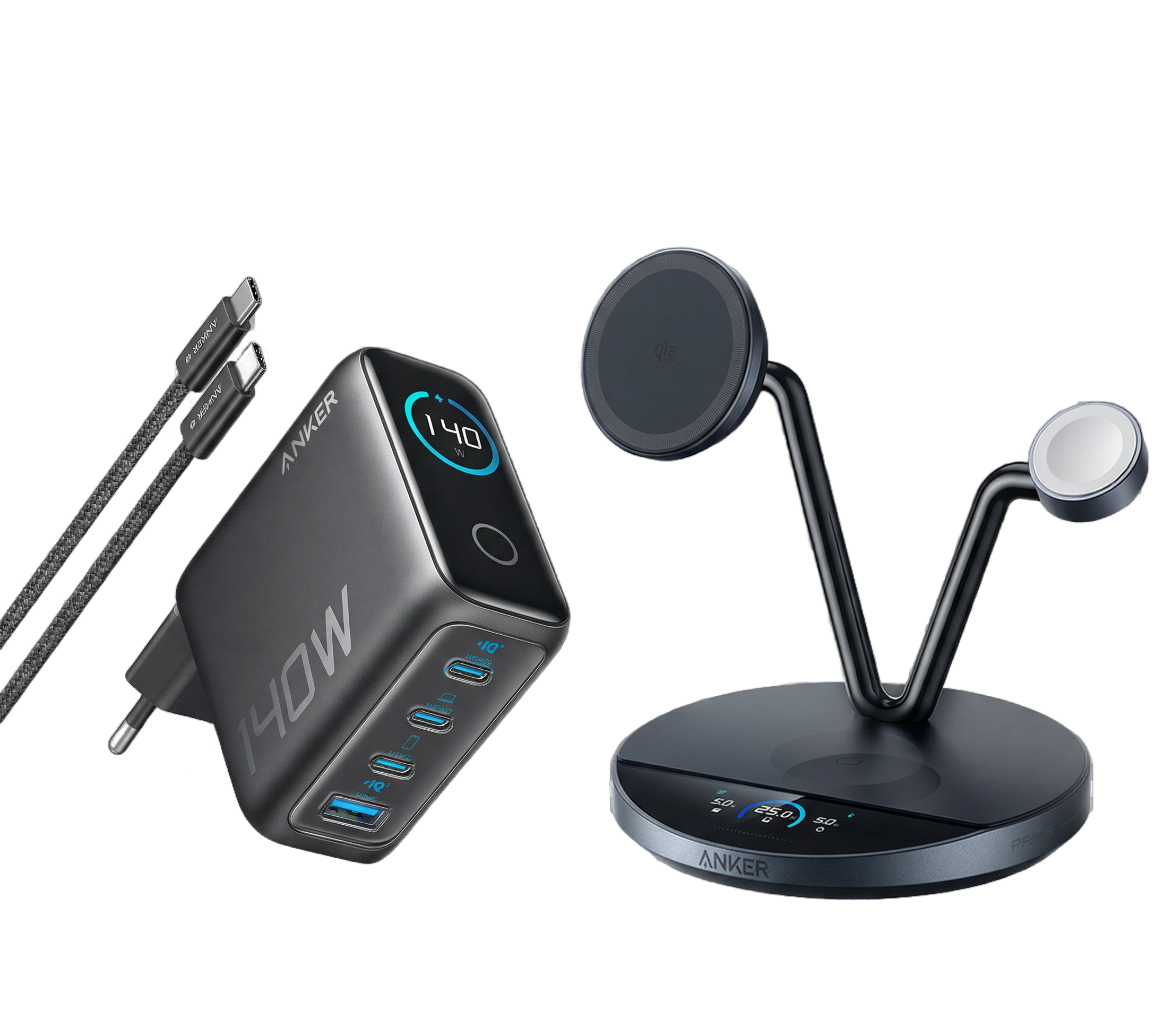 Anker Prime Kabellose Ladestation (3-in-1 Ständer)+Anker Ladegerät (140W, 4-Port, PD 3.1) mit USB-C Kabel Image