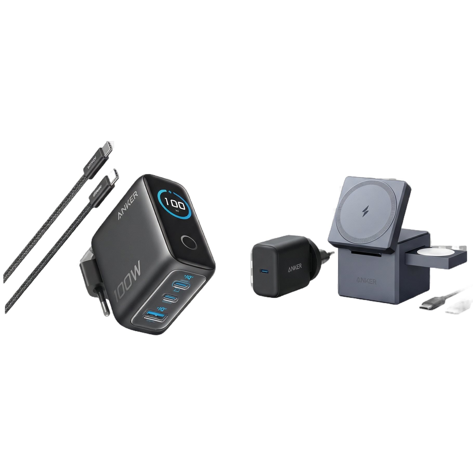 Anker 3-in-1 Ladewürfel mit MagSafe + Anker Ladegerät (100W, 3 Ports, Smart Display) mit USB-C Kabel Image