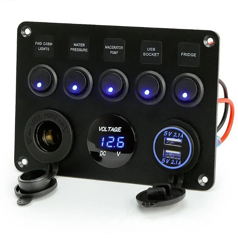 Panneau de prise de chargeur double USB étanche 12V-24V, avec voltmètre numérique LED, interrupteur à bascule marche/arrêt pour voiture, bateau, camion marin
