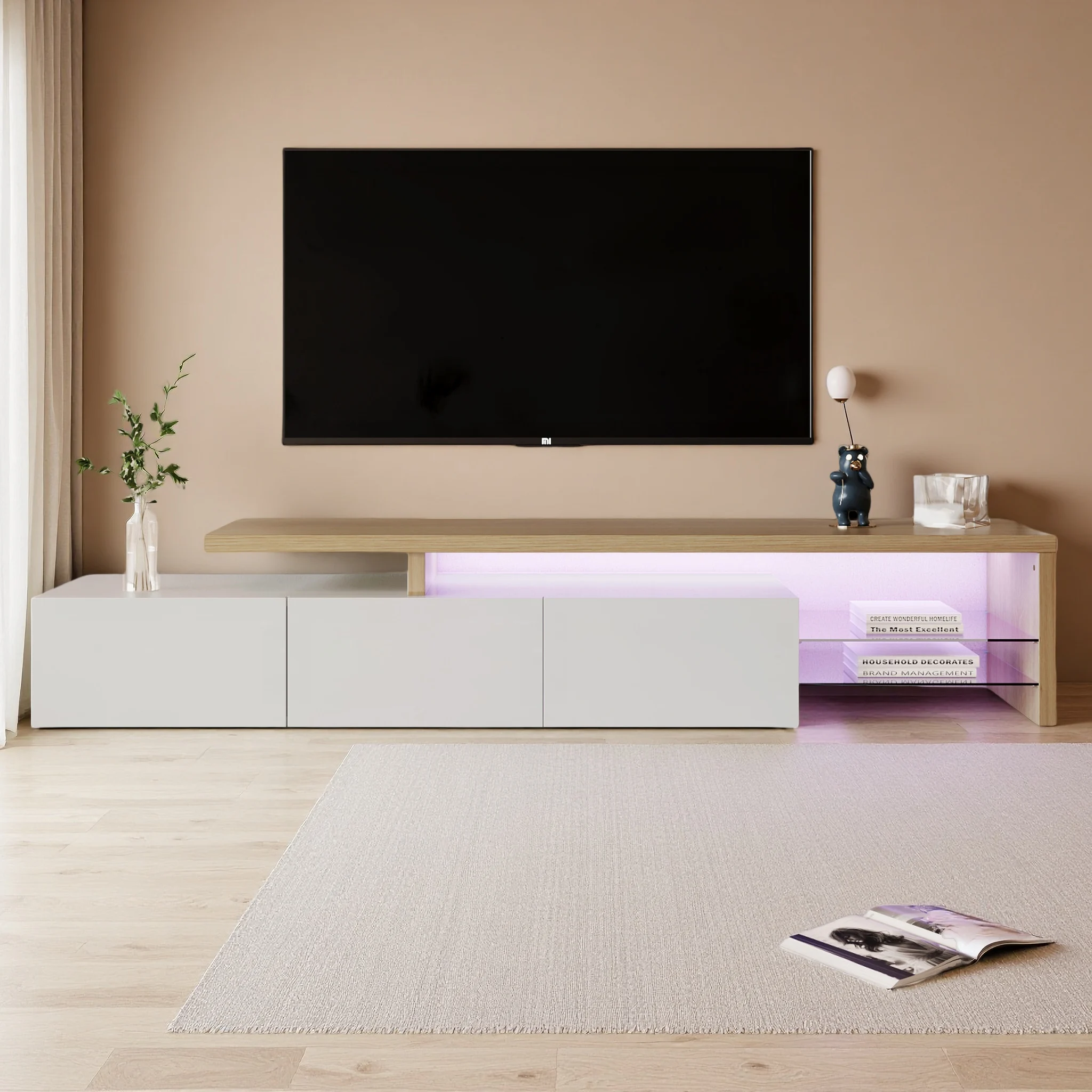 Rosahqnda Meuble TV pour salon, meuble TV avec LED, tableau sidéral, 2 cloisons en verre, 3 tiroirs, blanc/noir haute brillance