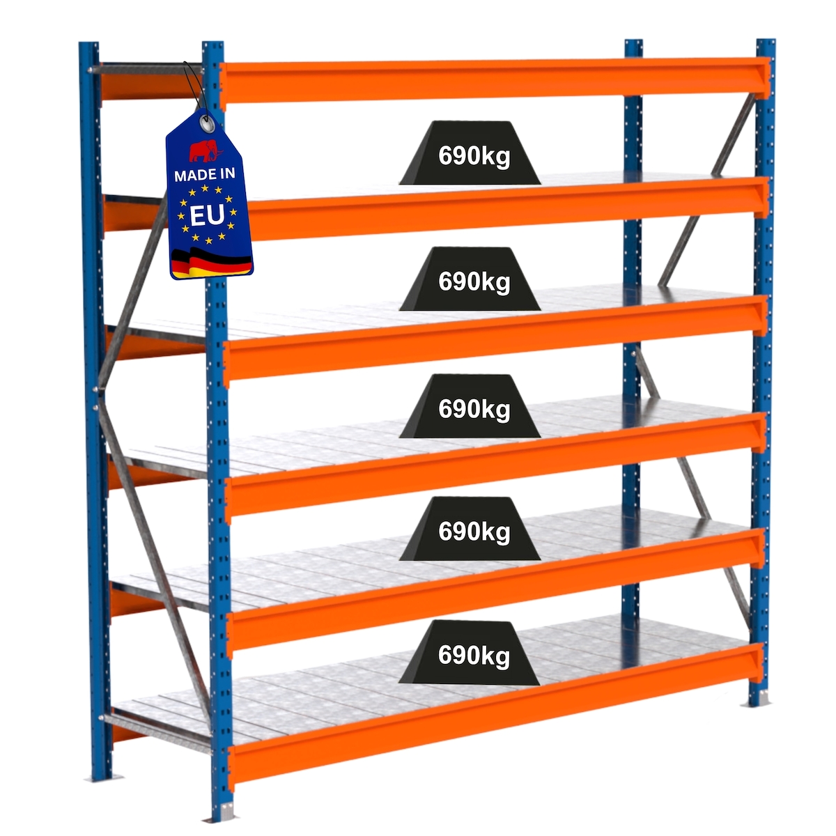 PROREGAL Industrie Schwerlastregal MAXIMUS PRO, Grundregal, HxBxT 200x200x60cm, 6 Ebenen, Stahlplatten-Fachboden, Fachlast 690 kg, Blau/Orange Image