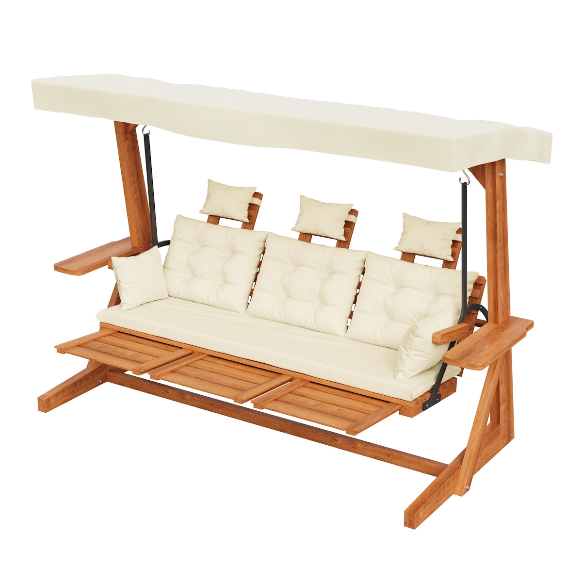 Merax 3-Sitzer Hollywoodschaukel Lounge mit Getränkehalter & ausziehbare Fußstütze, Auflagen & Polyesterdach, Beige Image