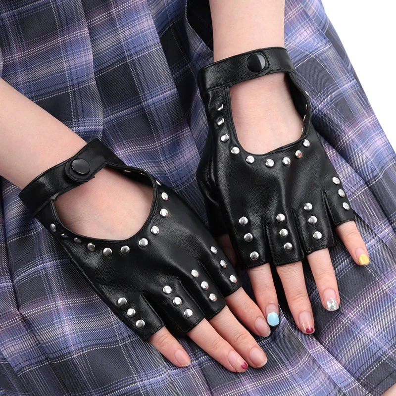 Schwarz Gothic Nieten Fingerlose Handschuhe Halbfinger Atmungsaktive Fahren Männer Frauen Pu Leder Punk Handschuhe Halloween Tanz Handschuhe
