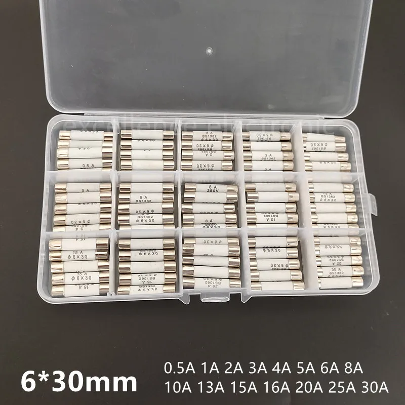 75-teiliges Keramiksicherungs-Set, 6 mm x 30 mm, 0,5 A, 1 A, 2 A, 3 A, 4 A, 5 A, 6 A, 8 A, 10 A, 13 A, 15 A, 20 A, 25 A, 30 A, Sicherungs-Sortiment, 250 V, 6 x 30 mm Image