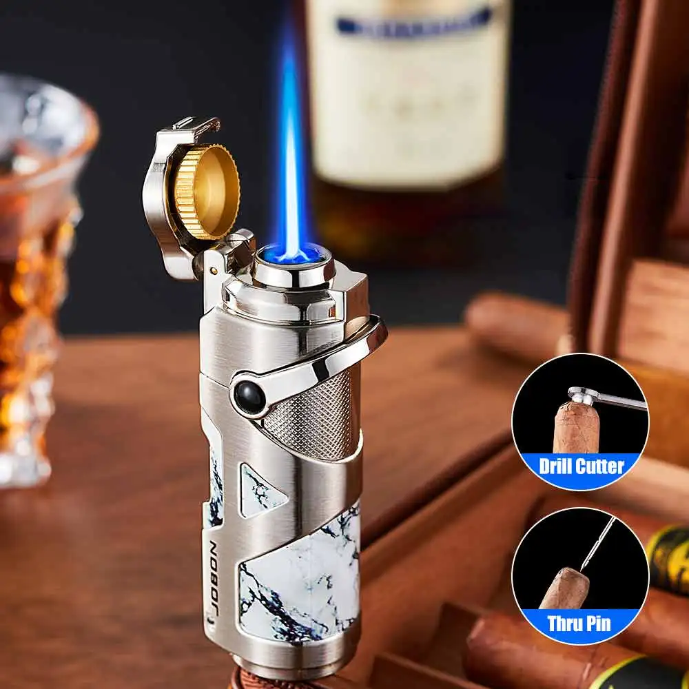 2026 Neuer JOBON 3-in-1 Blauflammen-Zigarrenanzünder mit Rocker-Zündung, klappbarem Zigarrenhalter, einstellbarer Flamme und Gehäuse aus Legierung, Geschenk für Männer Image