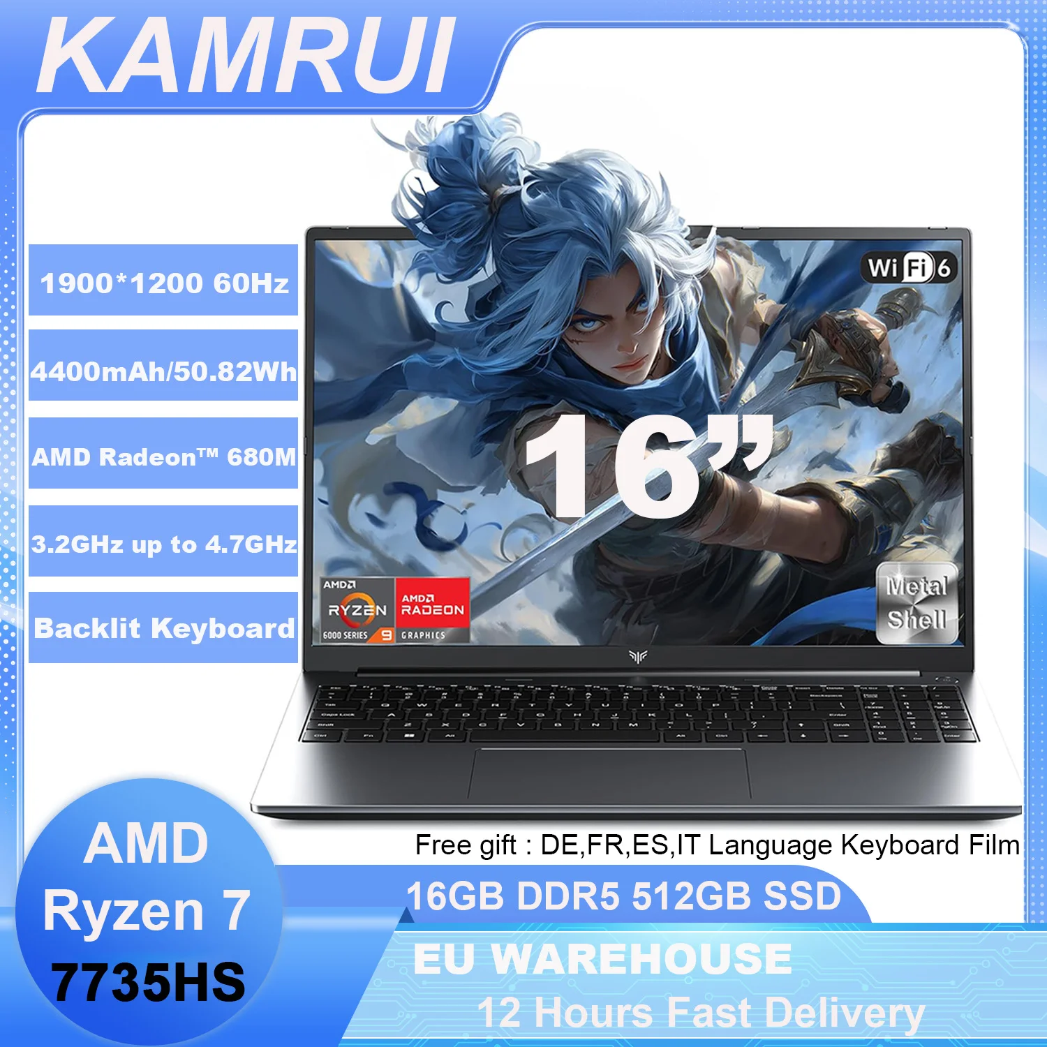 KAMRUI Gaming-Laptop 16 Zoll AMD Ryzen 9 6900HX 16GB LPDDR5 512GB M.2 NVMe PCIe3.0 SSD Radeon 680M Win11PRO WiFi6 Beleuchtetes Tastaturfeld Image