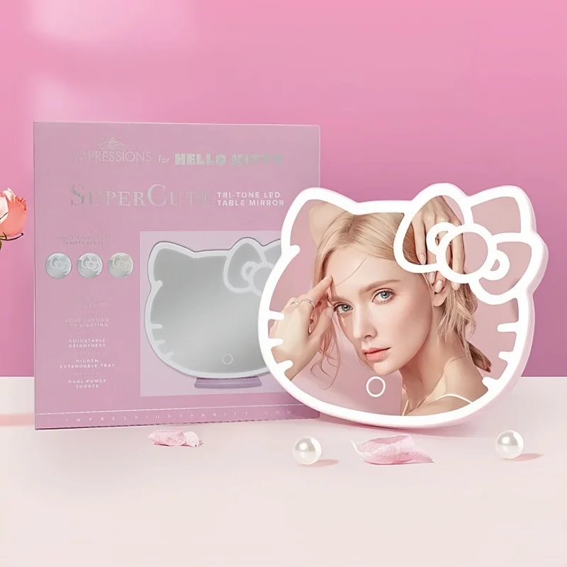 Hello Kitty LED-Kosmetikspiegel, USB wiederaufladbar, tragbar, Klappspiegel, Schminkspiegel, Schreibtischspiegel, Reisespiegel, Nachtlicht, Geschenk