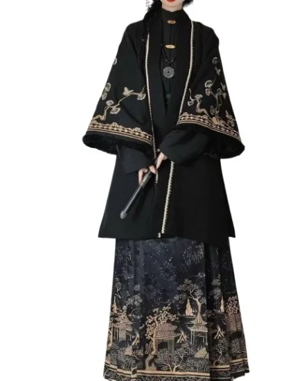 Winter Große Größe 8XL Hanfu Damen Antikes Chinesisches Vintage Ming-Dynastie Schwarzes Verdicktes Langes Mantel-Set mit Pferdegesicht-Rock 3-teilig