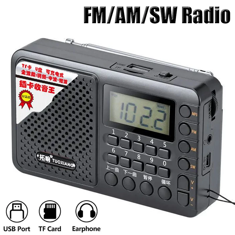 Vollbandradio, tragbarer FM/AM/SW-Empfänger, wiederaufladbarer Radio-TF/USB-Musikplayer mit LCD-Display, 3,5-mm-Kopfhöreranschluss Image