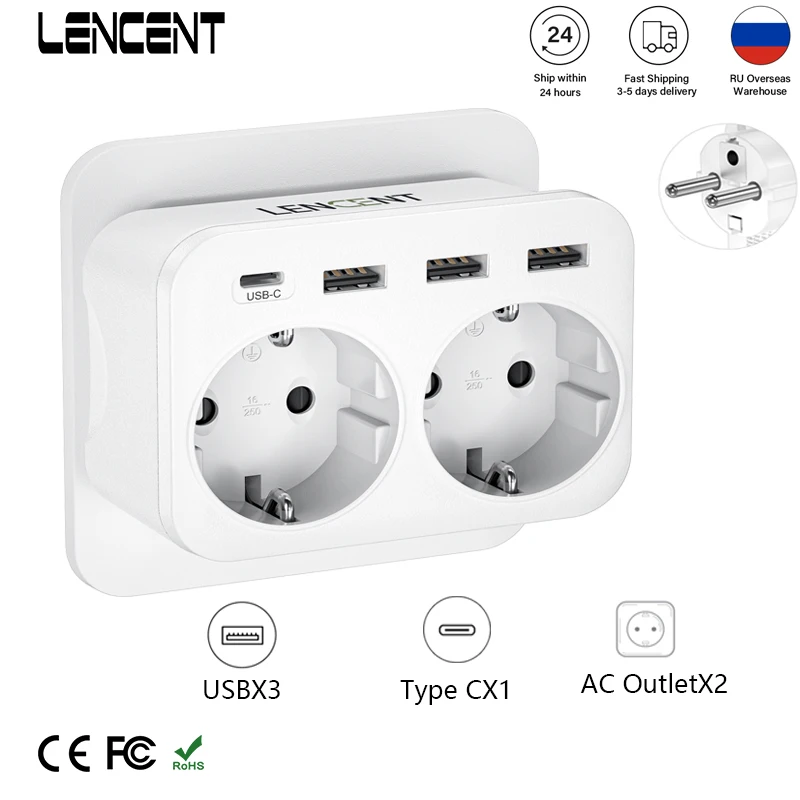 LENCENT EU-Wandsteckdosen-Extender mit 2 AC-Steckdosen, 3 USB-Anschlüssen, 1 Typ-C-Steckdosenleisten-Adapter, Überlastschutz für Zuhause/Büro Image