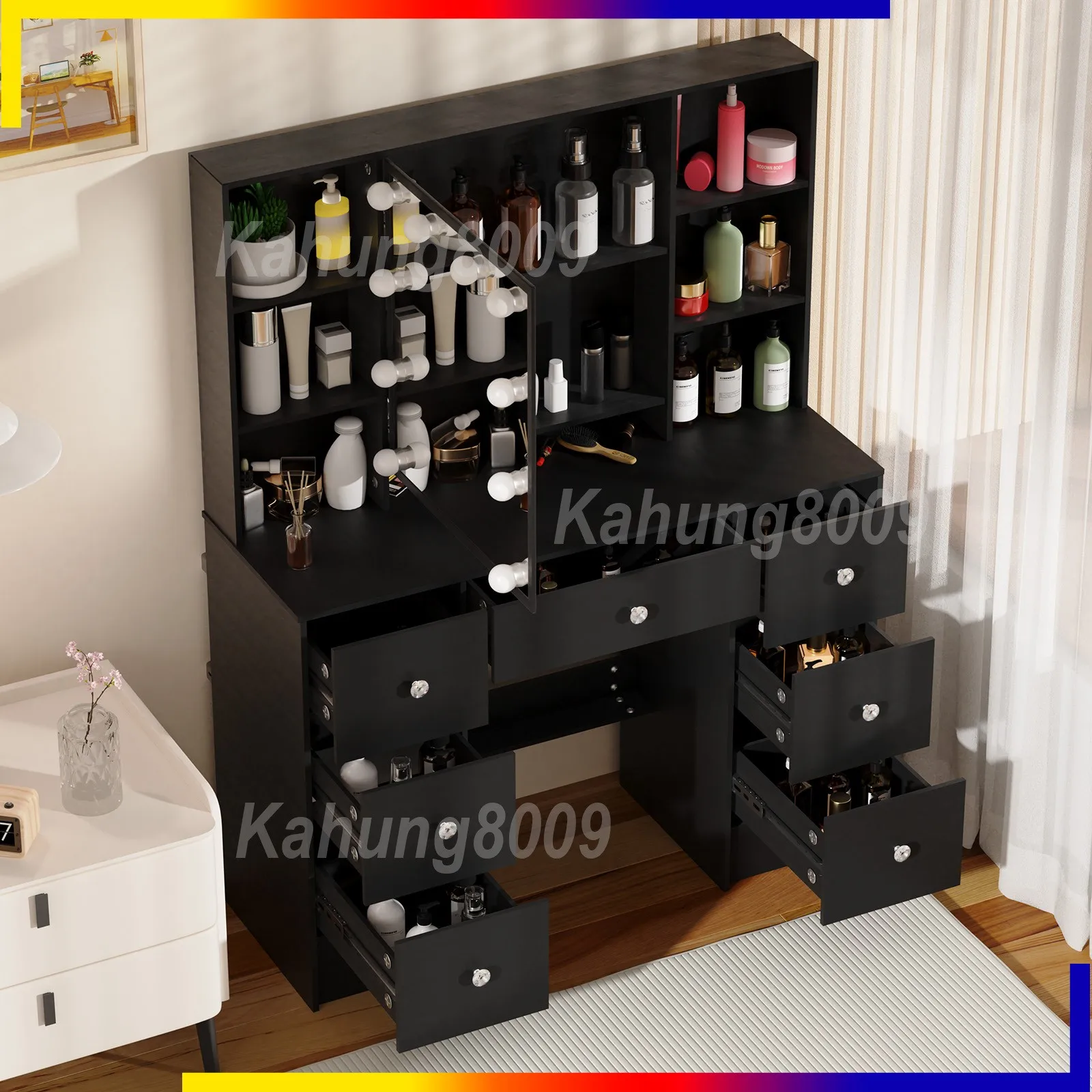 Großer Schminktisch mit Hollywood-LED-Spiegel + 7 Schubladen, Schminktisch Image