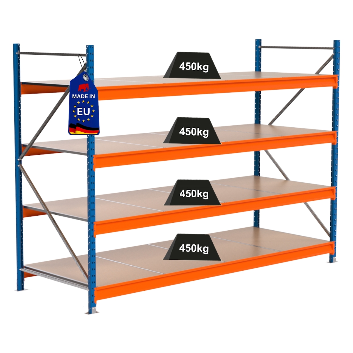 PROREGAL Industrie Schwerlastregal MAXIMUS PRO, Grundregal, HxBxT 200x275x100cm, 4 Ebenen, Spanplatten-Fachboden, Fachlast 450 kg, Blau/Orange Image