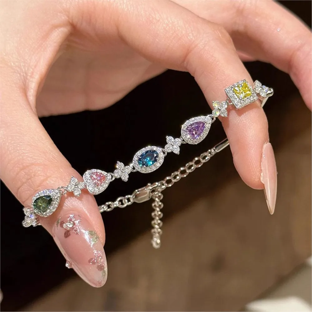 Exquisites buntes Strass-Inlay-Armband für Frauen, leichtes Luxus-Edelstein-Kettenarmband, Hochzeit, Schmuck, Geschenke Image