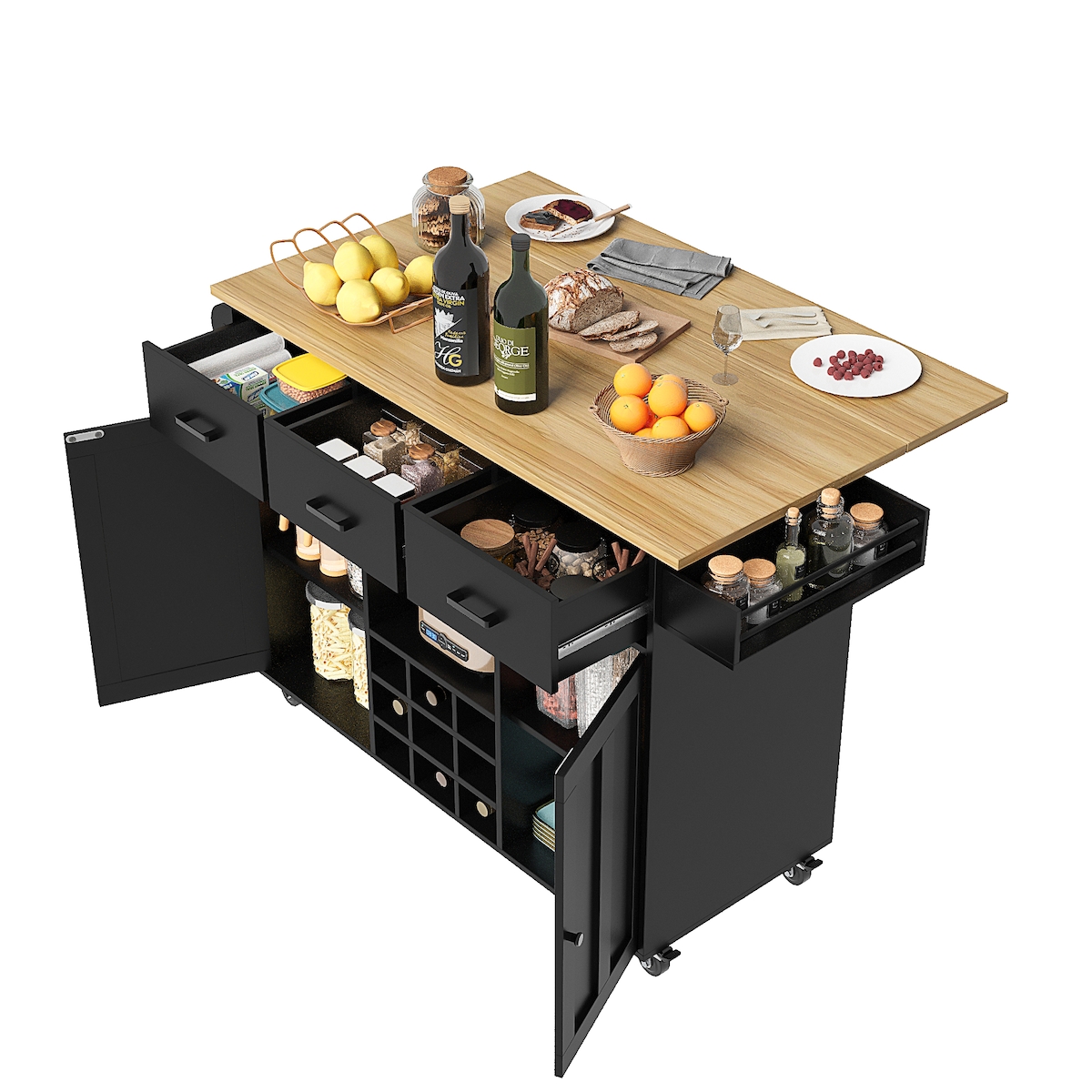 STILVORA Küchenwagen mit klappbarer Tischplatte Schwarz 92x124x65 cm mit 3 Schubladen 2 Türen Gewürzregal Handtuchhalter Weinablage und Rollen Image