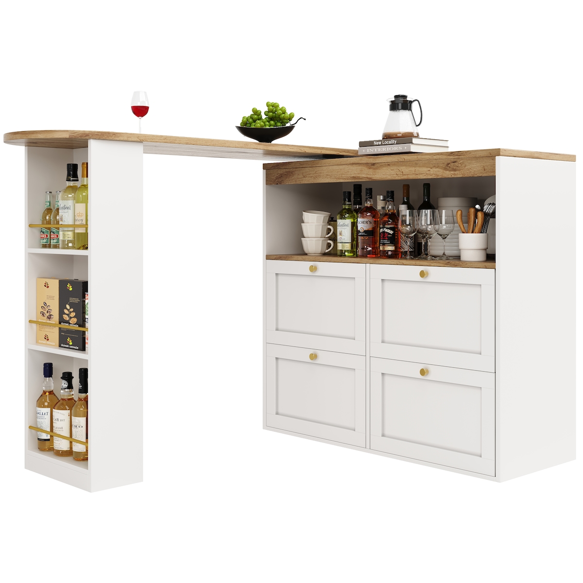 OKWISH Stehtisch Schreibtisch Drehbar Weiß 138x39x104cm mit 360 Grad Seitenregal 4 Schubladen offene Ablagen MDF Platte goldene Griffe schwarzer Metallrahmen Image