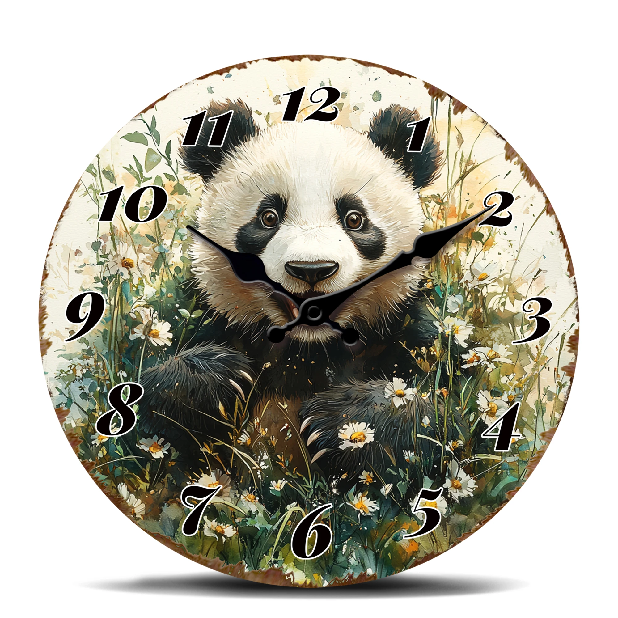 Niedliche Panda-Wanduhr, Tier-Kunst Runde Uhr, Riesiger Panda in Blumenwiesen-Szene Dekorative Uhr für Kinderzimmer oder Kinderzimmer