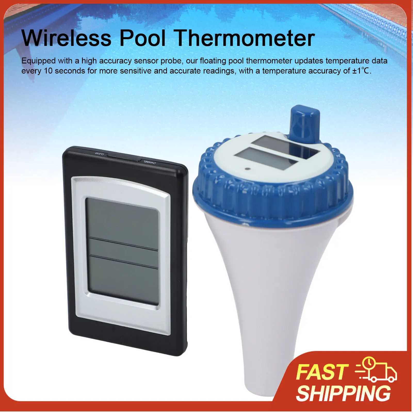 Kabelloses Pool-Thermometer mit Innen- und Außenanzeige 433MHz RF-Übertragung zur Überwachung der Wasser- und Spa-Temperatur Image