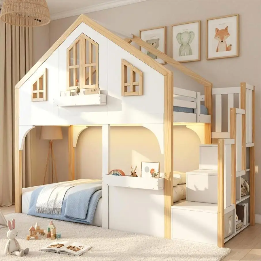 Etagenbett, Hochbett, Kinderbett, Holzbett, Hausbett 90x200cm mit LED und Stauraumtreppe, Fensterform, weiß+natürliche Farbe