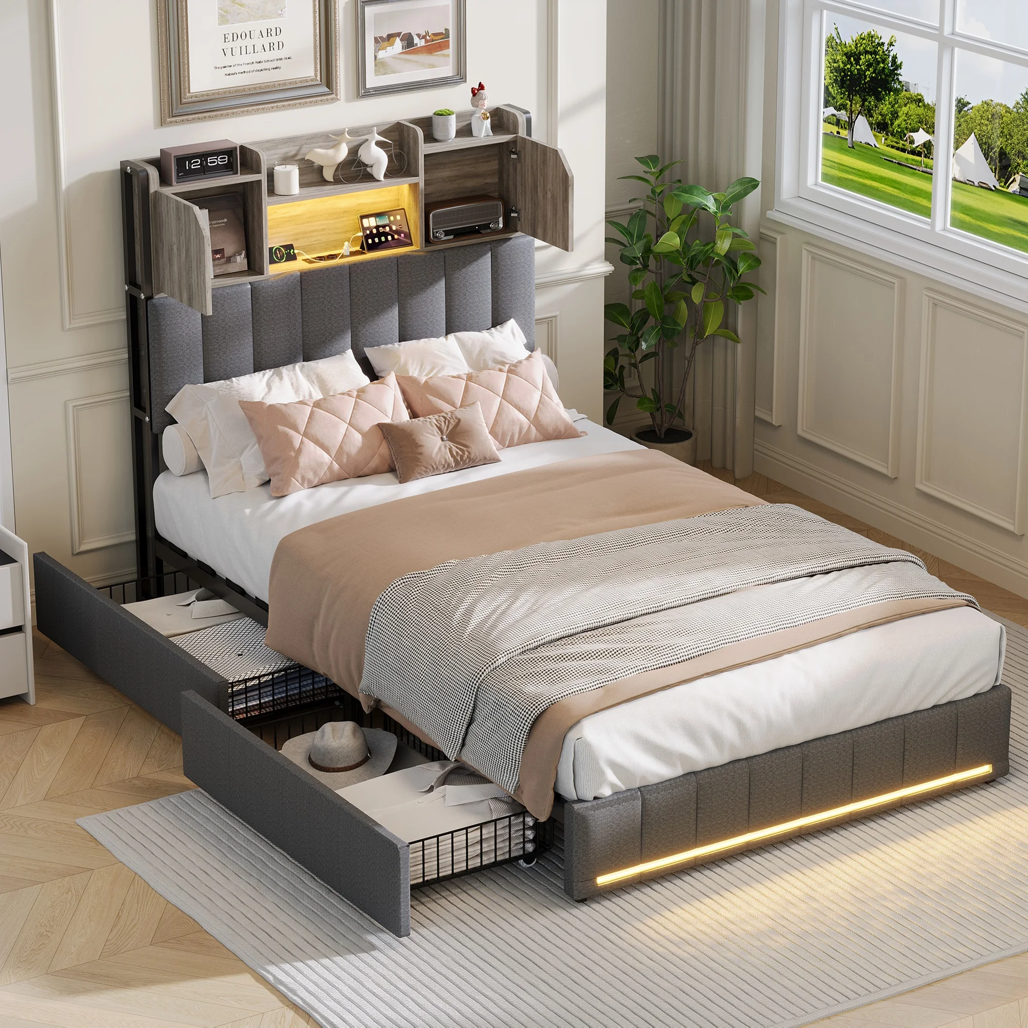 Comanlai 90 x 200 cm großes LED-Kinderbett, Einzelbett mit 2 Schubladen, gepolsterter Bettrahmen mit Staufächern im Kopfteil Image