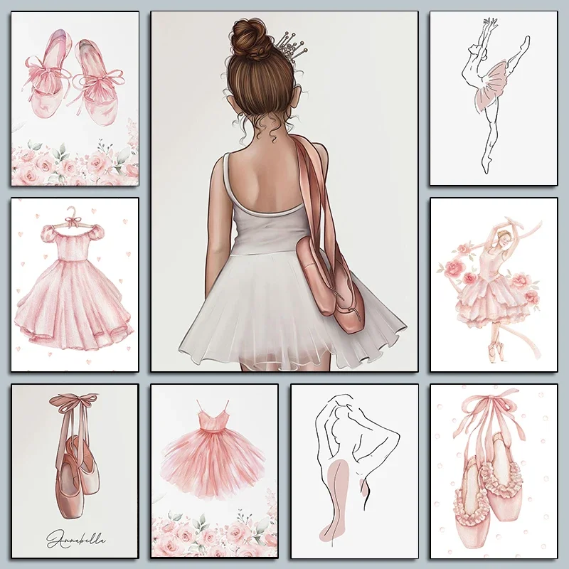 Moderne Rosa Ballett Tänzerin Aquarell Poster Minimalismus Ballett Schuhe Drucke Leinwand Malerei Wand Bilder Hause Mädchen Zimmer Deco