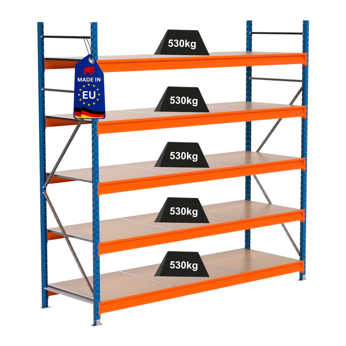 PROREGAL Industrie Schwerlastregal MAXIMUS PRO, Grundregal, HxBxT 250x250x80cm, 5 Ebenen, Spanplatten-Fachboden, Fachlast 530 kg, Blau/Orange Image