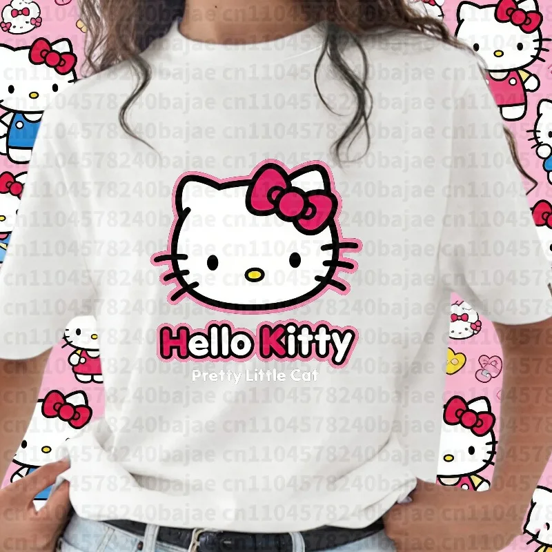 2025 Sommer Sanrio Hello Kitty Grafik Vintage 100 % Baumwolle bedrucktes T-Shirt Unisex Streetwear Übergroß Lose Lässig Stilvoll