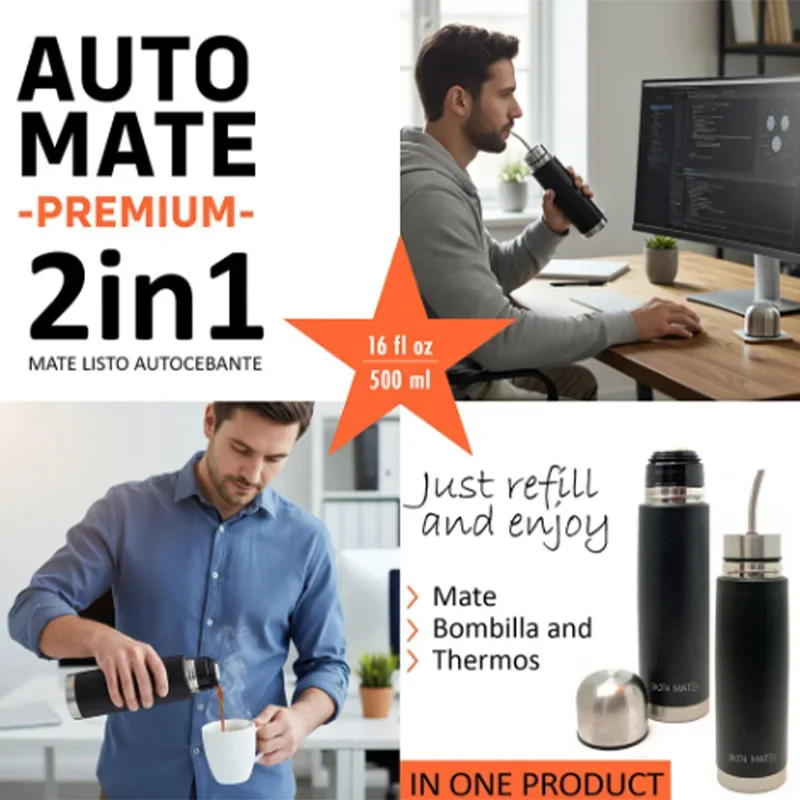 Selbstportierende Mate-Flasche aus Edelstahl, 2-in-1-Thermo-Mate-Becher mit integriertem Bombilla, Yerba Mate-Thermoskanne, alles in einem Image