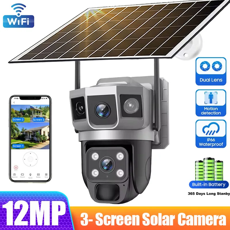Dual Lens Drei Bildschirme WIFI Solar Kamera 12MP 10X Zoom CCTV Outdoor Automatische Tracking Humanoiden Erkennung Unterstützung PTZ IP66 Cam Image