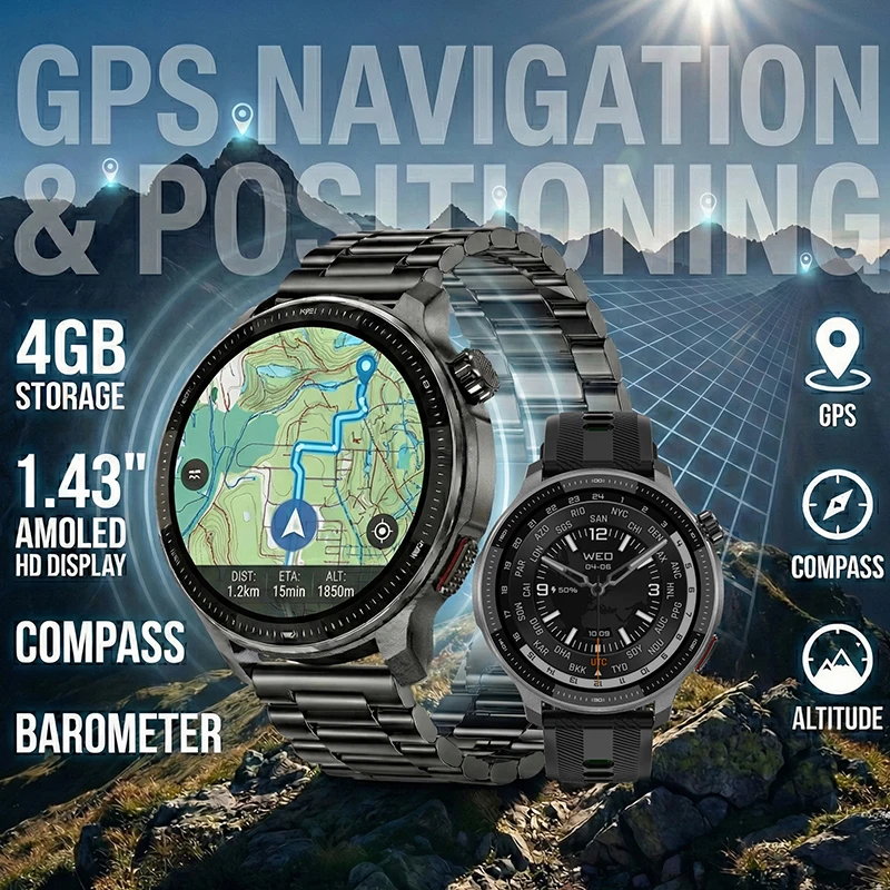 Smartwatch für Herren mit 4G-Speicher, GPS, Offline-Karten, integriertem App-Markt, Spielen, Kompass, wasserdicht, Schwimm- und Sportuhr Image