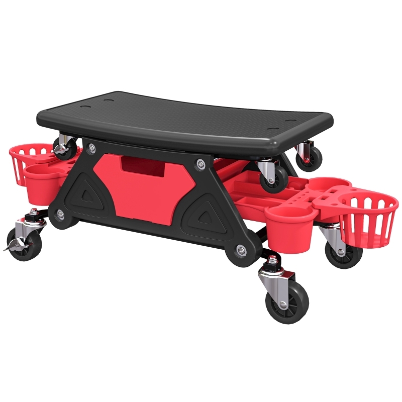 STILVORA Werkstatthocker auf Rollen Rot 86x33x33 cm mit Schublade Ablagen Becherhaltern ergonomischer Sitz 135 kg belastbar Image