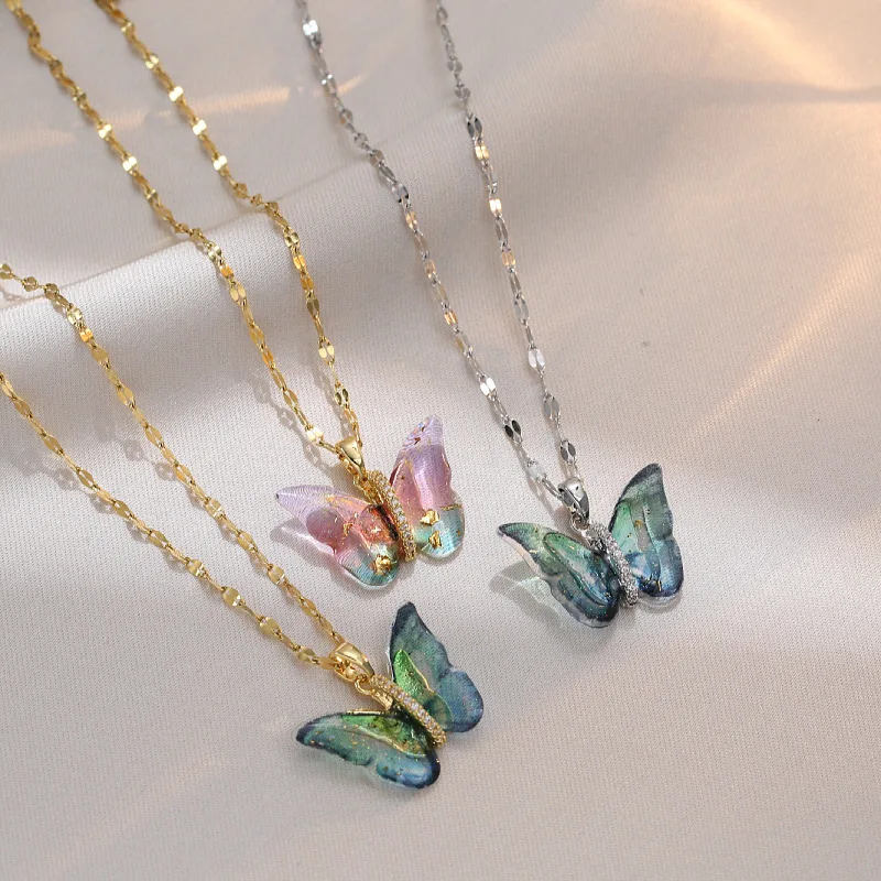 316l Edelstahl vergoldet Farbverlauf rosa Farbe Schmetterling Kristall Anhänger Halskette für Frauen Mädchen Party Luxus schmuck Image