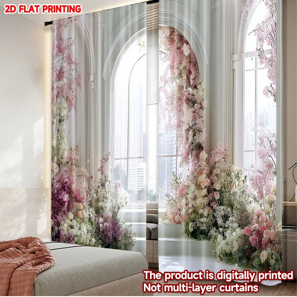 2 Stück Bogenfenster-Blumenvorhänge, 2D-Flach-Digitaldruck, weiche rosa Blüten mit Innenansichtseffekt für gemütliche Schlafzimmerdekoration Image