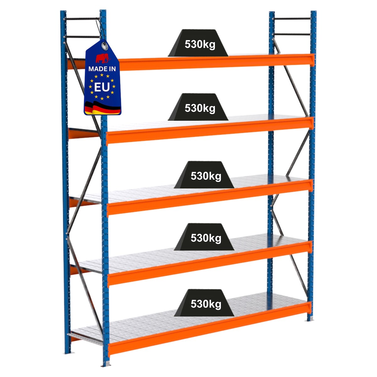 PROREGAL Industrie Schwerlastregal MAXIMUS PRO, Grundregal, HxBxT 300x250x60cm, 5 Ebenen, Stahlplatten-Fachboden, Fachlast 530 kg, Blau/Orange Image