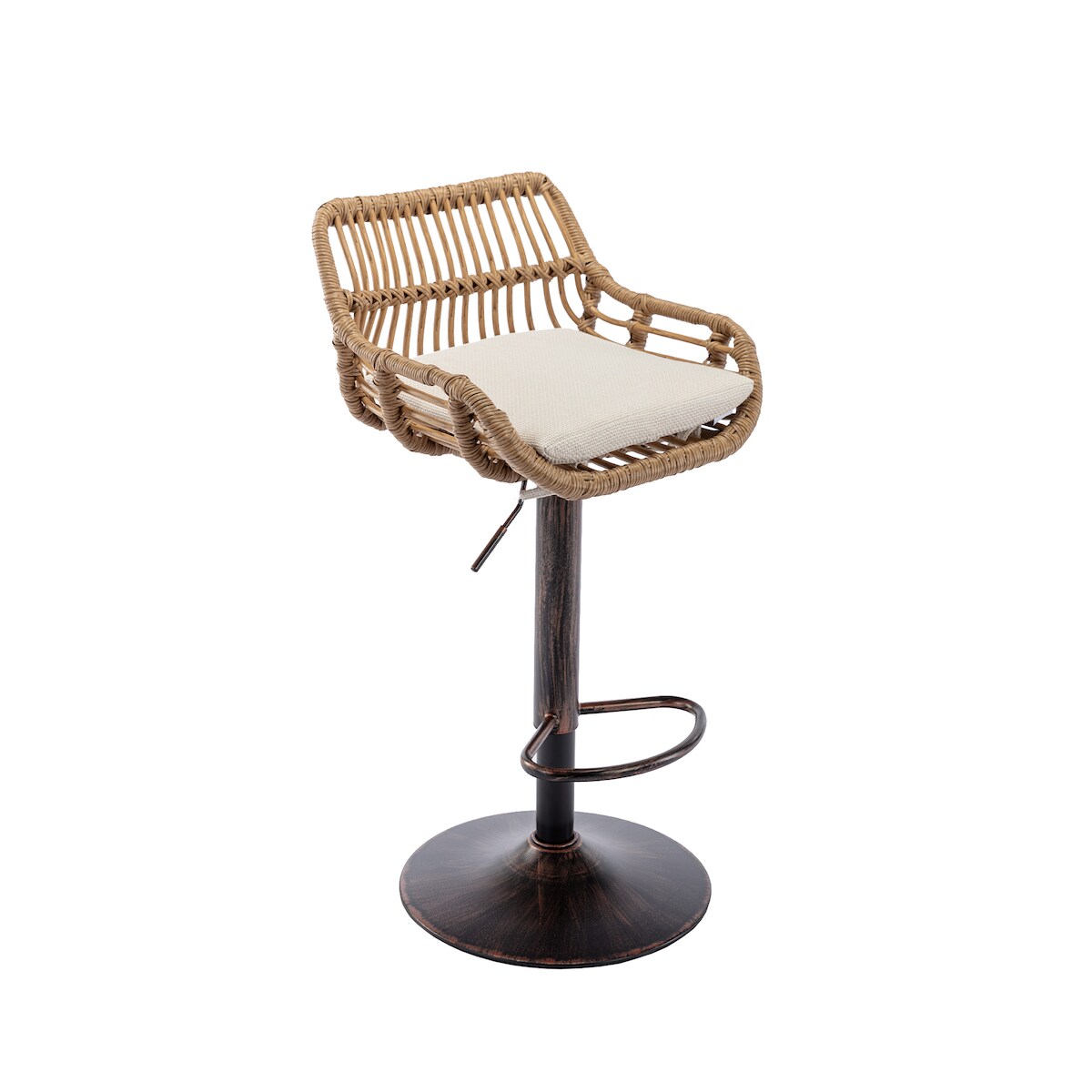 STILVORA Barhocker 2er Set höhenverstellbar mit Armlehnen Beige 49x48x109 cm drehbar 360 Grad mit Fußstütze Metallfuß Rattan Optik Image