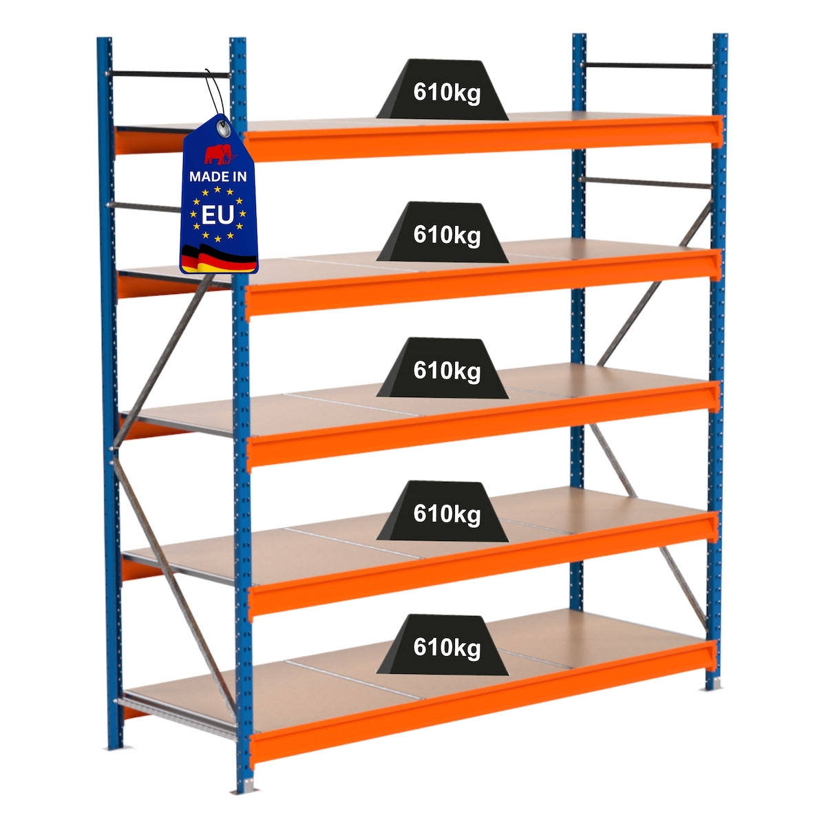 PROREGAL Industrie Schwerlastregal MAXIMUS PRO, Grundregal, HxBxT 250x225x80cm, 5 Ebenen, Spanplatten-Fachboden, Fachlast 610 kg, Blau/Orange Image
