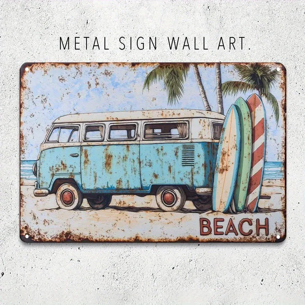 Retro Beach Surf Wandkunst-Schild – Vintage Van & Surfbrett-Design, wetterbeständige Aluminium-Metalldekoration für drinnen/draußen Image