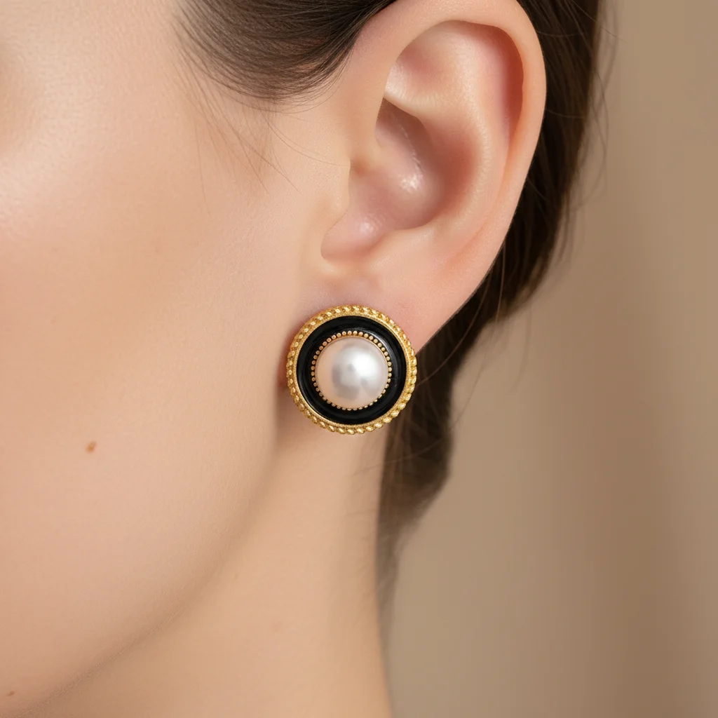 „Luxuriöse Perlen- und Emaille-Ohrstecker für Damen, modisch, goldfarben, rundes Design, klassisch, weiß, rosa, schwarz, Schmuck Image