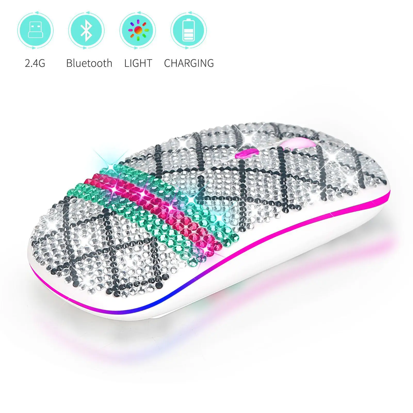 Kabellose Bluetooth-Maus mit antikem Diamanteinlage, transparent, leicht, ergonomisch, Dual-Mode-Lademus für den Bürogebrauch Image