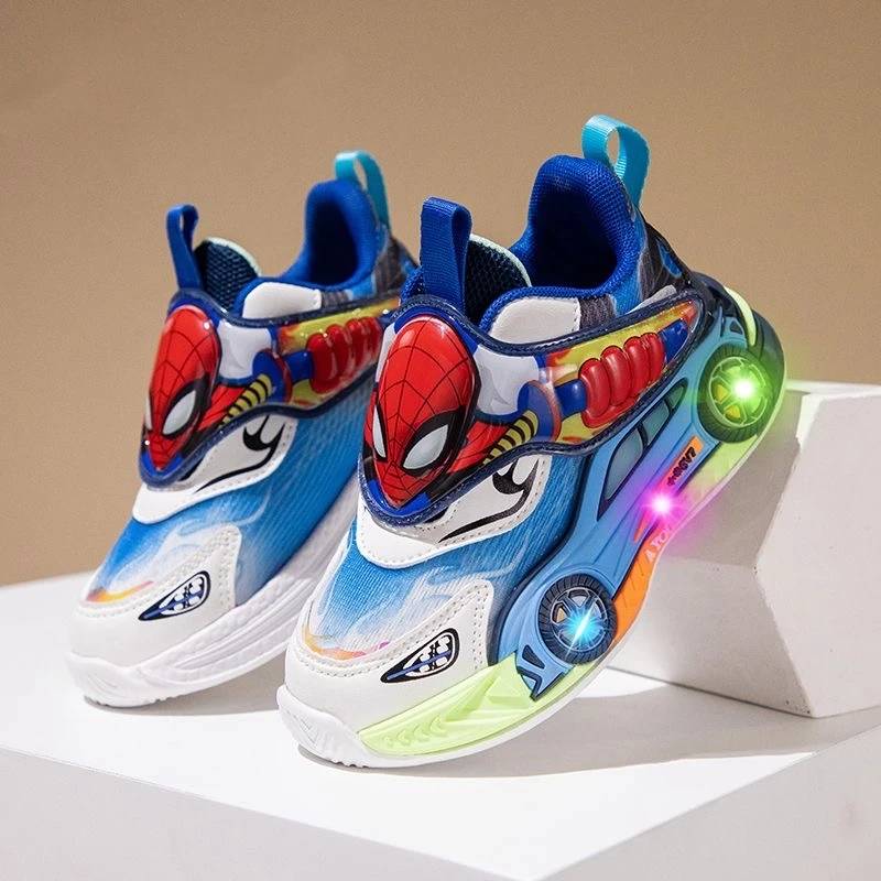 Marvel Kinderschuhe, modische Cartoon-LED-Lichter, Spiderman-Turnschuhe für Jungen, atmungsaktive, rutschfeste Sportschuhe für Schüler, Größe 26