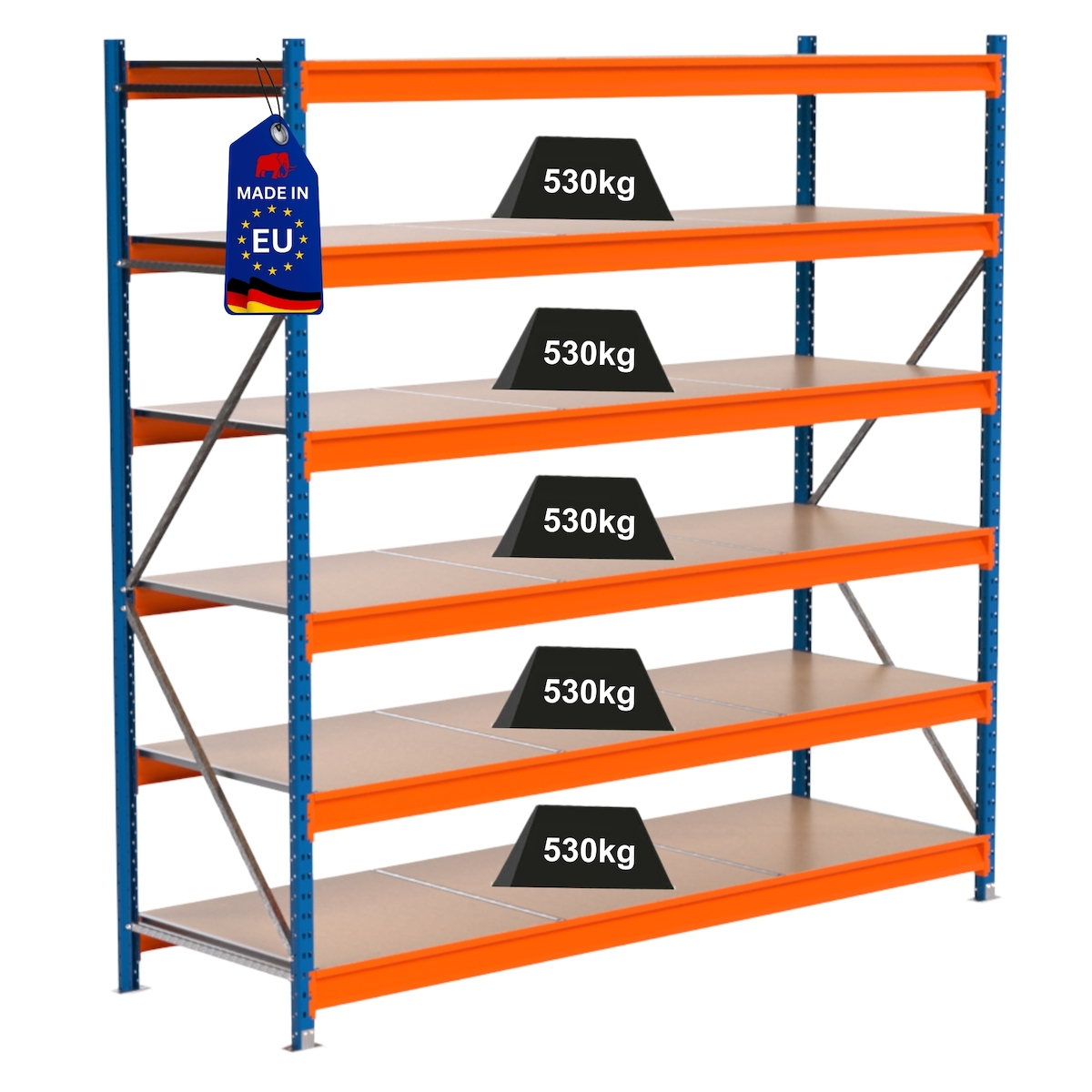 PROREGAL Industrie Schwerlastregal MAXIMUS PRO, Grundregal, HxBxT 250x250x80cm, 6 Ebenen, Spanplatten-Fachboden, Fachlast 530 kg, Blau/Orange Image