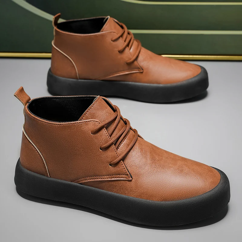 Frühling und Herbst Übergrößen Herrenschuhe, Trendige Kurze Stiefel, Schuhe mit Dicker Sohle, Neue Mittelhohe Dicksohlige Herren-Lederschuhe, Lässige und Modische Herrenschuhe