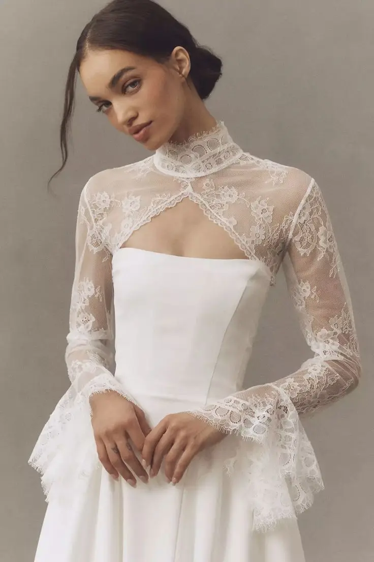 Trompetenförmige Spitzen-Hochzeitscapes, Hochgeschlossene Brautjacke mit Schlüsselloch-Rücken und Knöpfen, Illusion-Boleros für Formelle Anlässe Image