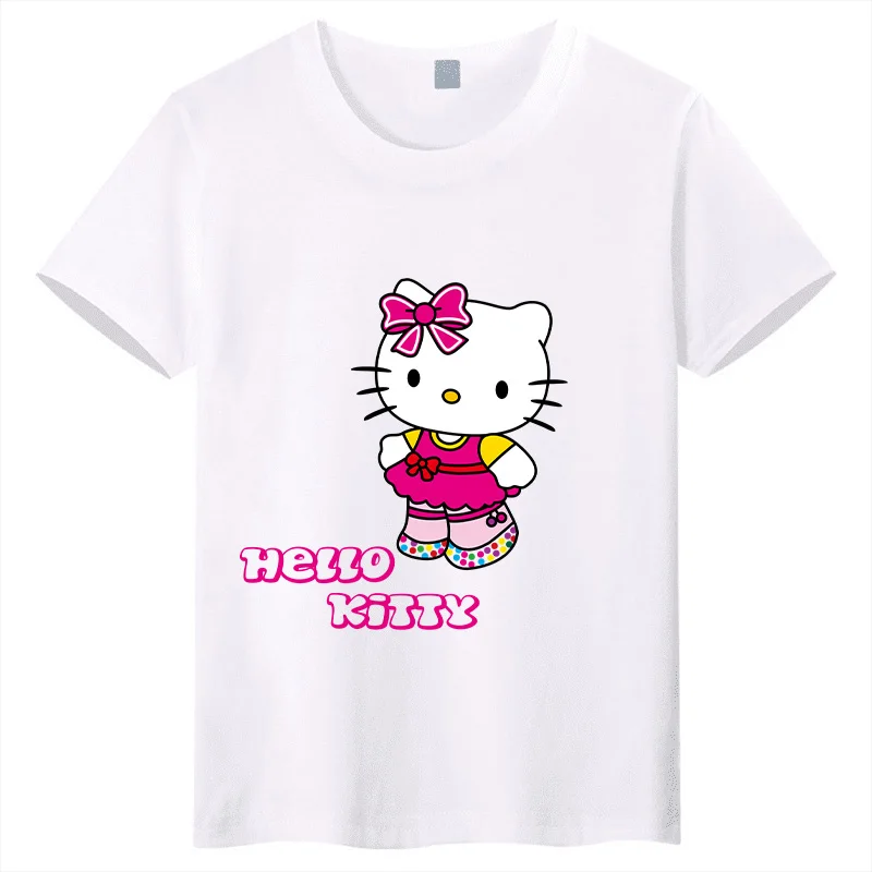 Hello Kitty Kinder-T-Shirt mit Cartoon-Print, Sommer, modisches Familien-Outfit mit Rundhalsausschnitt aus reiner Baumwolle für Eltern und Kinder