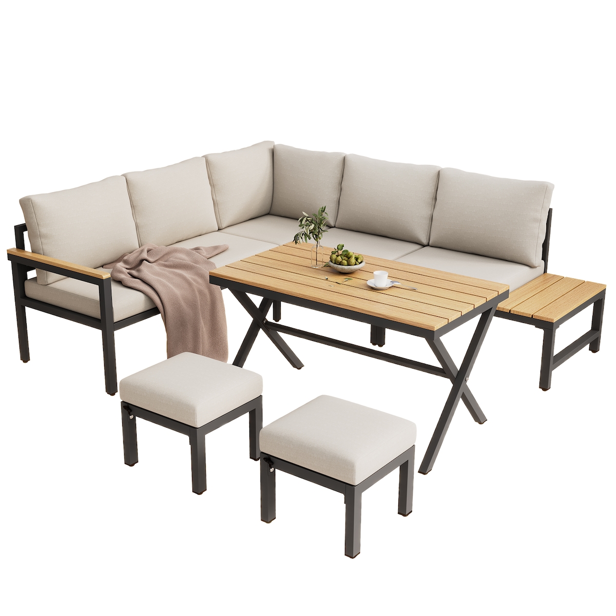 Merax Garten-Lounge-Set, Gartenmöbel Set für 7 Personen, Outdoor, inkl. Kissen, verzinkter Stahl, Grau Image