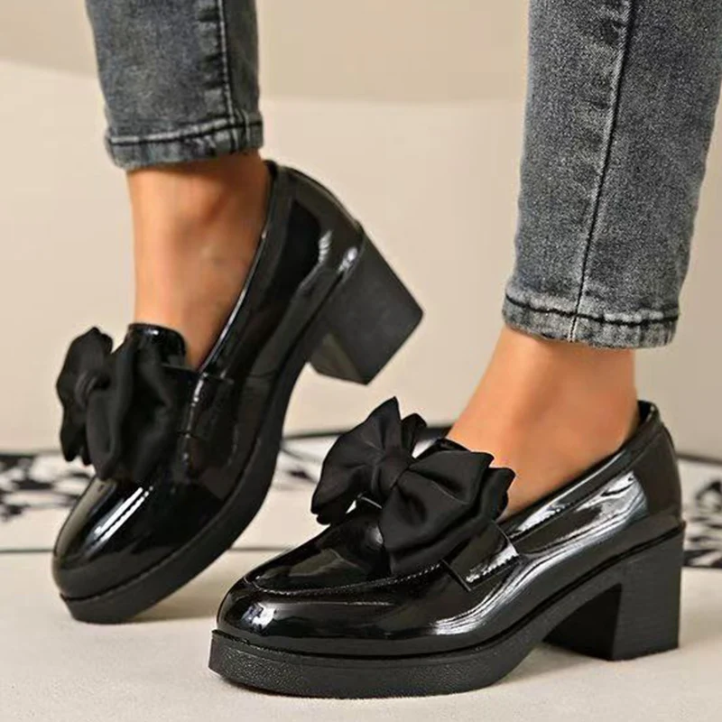 Bowknot Detor Loafers für elegante Frauen, dicker Absatz, schwarze Pu-Leder-Loafer für Damen, Plattform, rutschfeste Mary-Jane-Schuhe für Damen