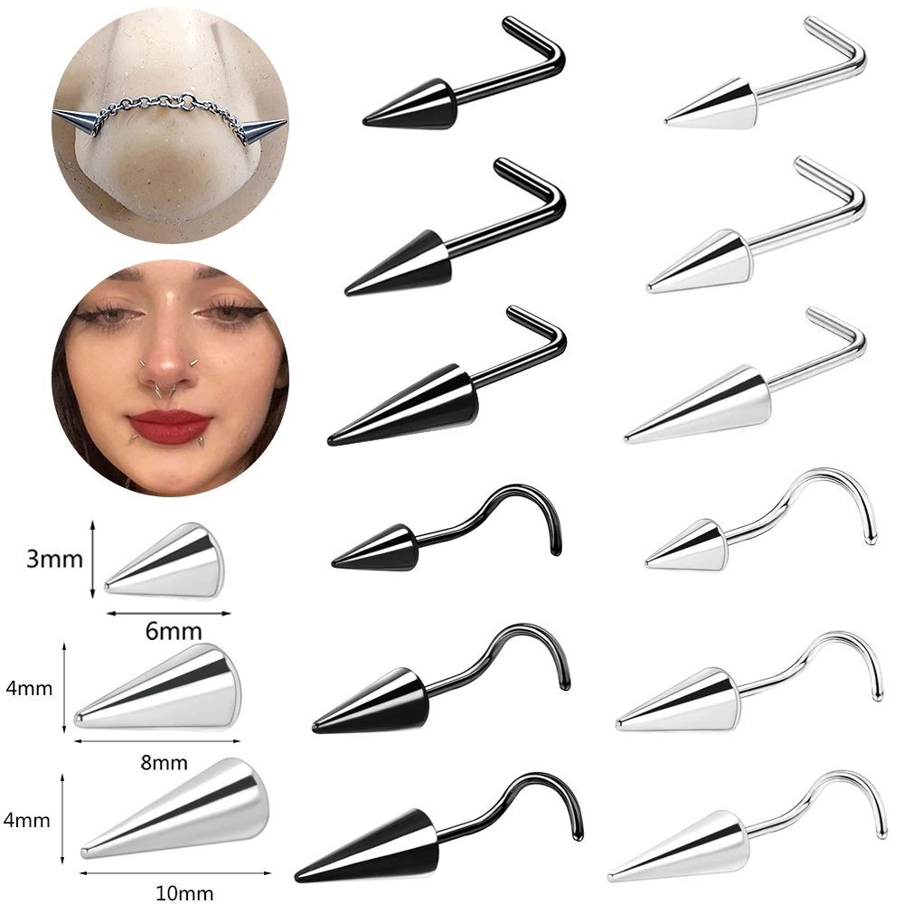 ZS 20G Schwarze Spike Nasenloch Piercings Edelstahl Kegel Nasenstecker Doule Nasenpiercing Schmuck Lange Spike Nasenloch Ringkette Image